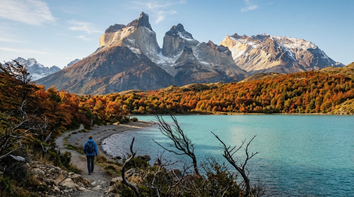 Red and gold lenga forest below the Cuernos del Paine in autumn, illustrating the best time to visit Torres del Paine when the wind eases in March and April