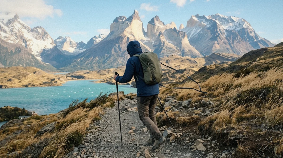 A hiker adjusting a windproof outer layer on an exposed trail in Torres del Paine, showing what to pack for Torres del Paine day tours and the W trek