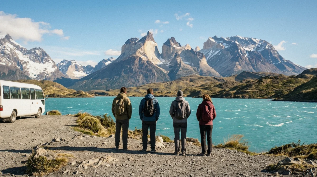 Viewpoint over the Cuernos del Paine mountains reflected in a turquoise lake, the classic stop on a one-day Torres del Paine tour