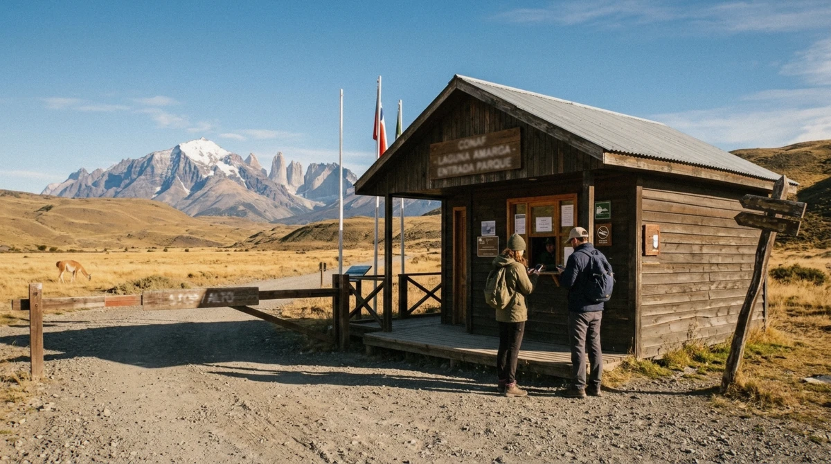 CONAF ranger checkpoint at the Laguna Amarga gate to Torres del Paine National Park, where visitors present their pasesparques.cl QR code to cover the torres del paine entrance fee
