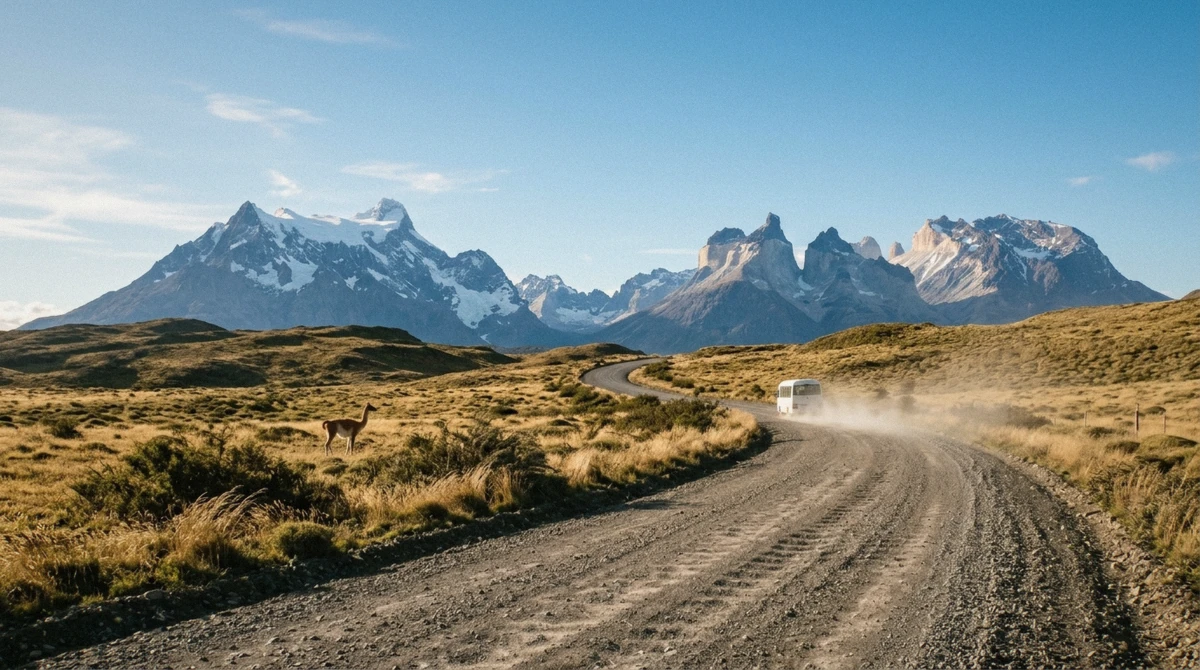 Gravel road winding toward the granite towers of Torres del Paine National Park, the route used by tours and buses on the way from Puerto Natales