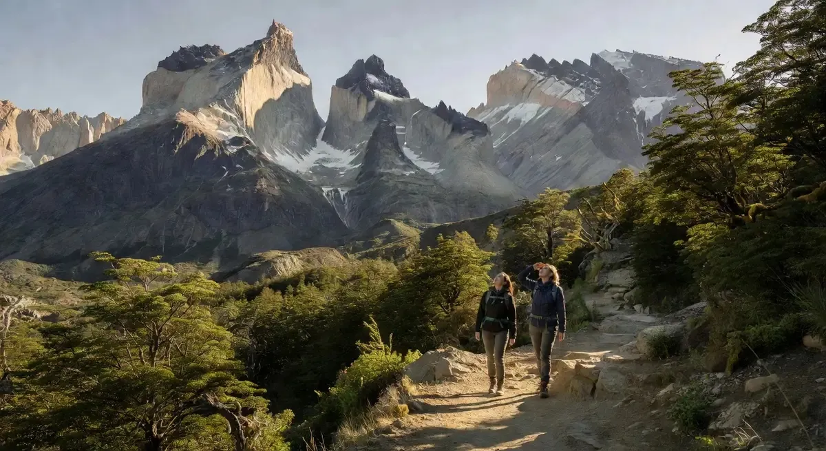 Hikers in Valle del Francés with the Cuernos del Paine rocky spires and hanging glaciers forming a dramatic amphitheatre backdrop on the W Trek in Torres del Paine National Park