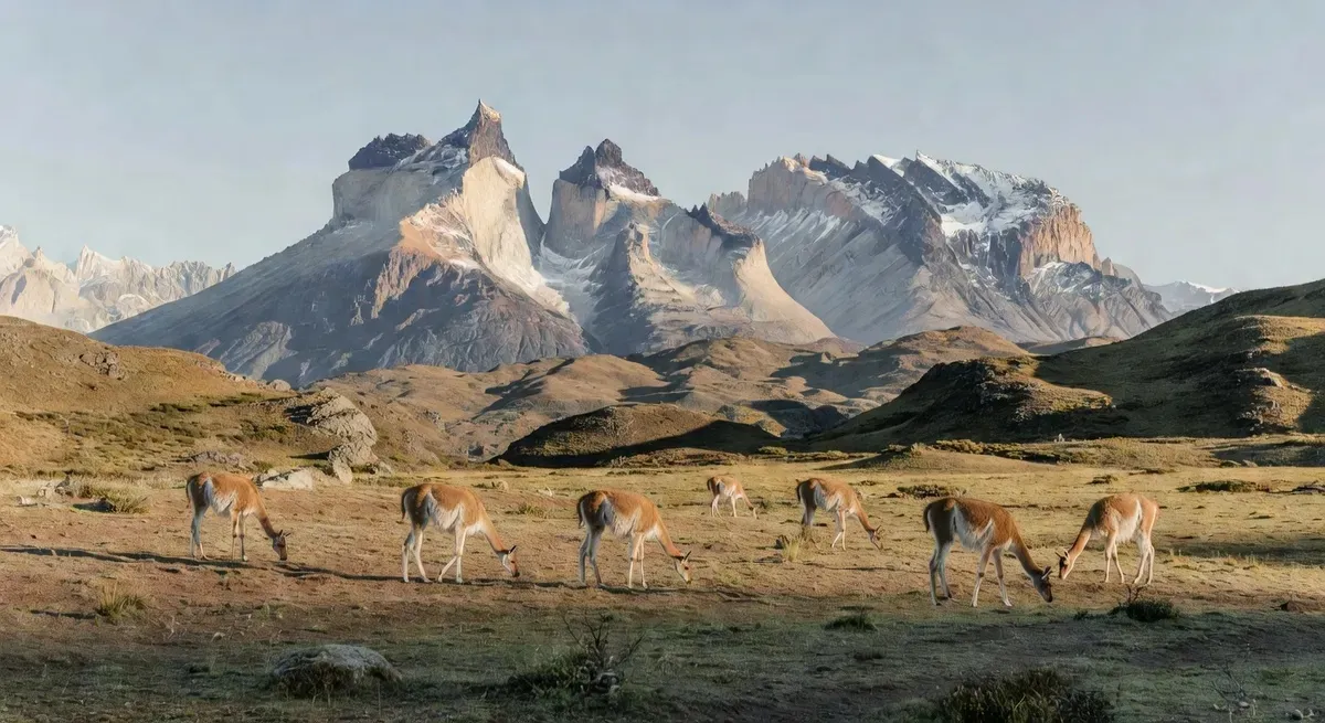 A herd of wild guanacos grazing on the open Patagonian steppe inside Torres del Paine National Park with the Cuernos del Paine mountain range in the background — common wildlife sighting on guided tours