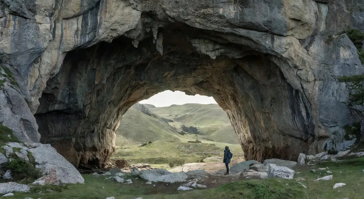 The entrance of the Milodon Cave Natural Monument near Puerto Natales, Patagonia, with the life-size mylodon ground sloth sculpture and ancient limestone walls — a stop on Torres del Paine National Park day tours