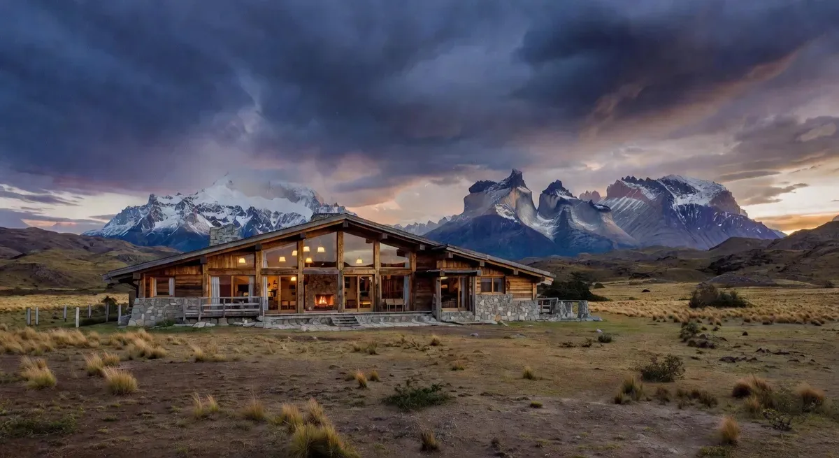 Traditional estancia lodge in Chilean Patagonia near Torres del Paine National Park, surrounded by Patagonian steppe and mountains — accommodation base for guided tours from Puerto Natales, Chile