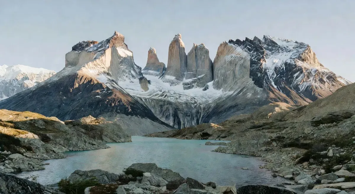 The three iconic granite towers of Torres del Paine rising above Laguna Amarga glacial lake at golden hour in Chilean Patagonia — the most recognisable landmark in Torres del Paine National Park