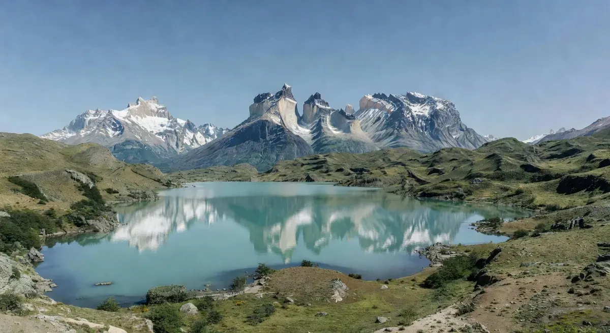 Panoramic view of Torres del Paine National Park in peak summer season with the Paine Massif, turquoise lakes, and open steppe visible under blue skies — best time for Torres del Paine National Park tours