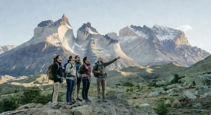 Scenic van tour group at a viewpoint in Torres del Paine National Park, with the iconic granite towers and turquoise lakes of Chilean Patagonia visible behind them