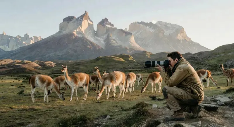 Photographer capturing guanacos and the Paine Massif granite peaks reflected in a glacial lake on a private photo safari tour of Torres del Paine National Park, Patagonia