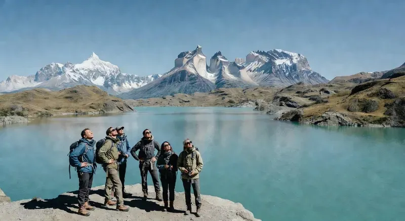 Tour group at the Lake Pehoé viewpoint with the Cuernos del Paine mountain range reflected in the turquoise lake on a full-day Torres del Paine National Park tour departing from El Calafate, Argentina